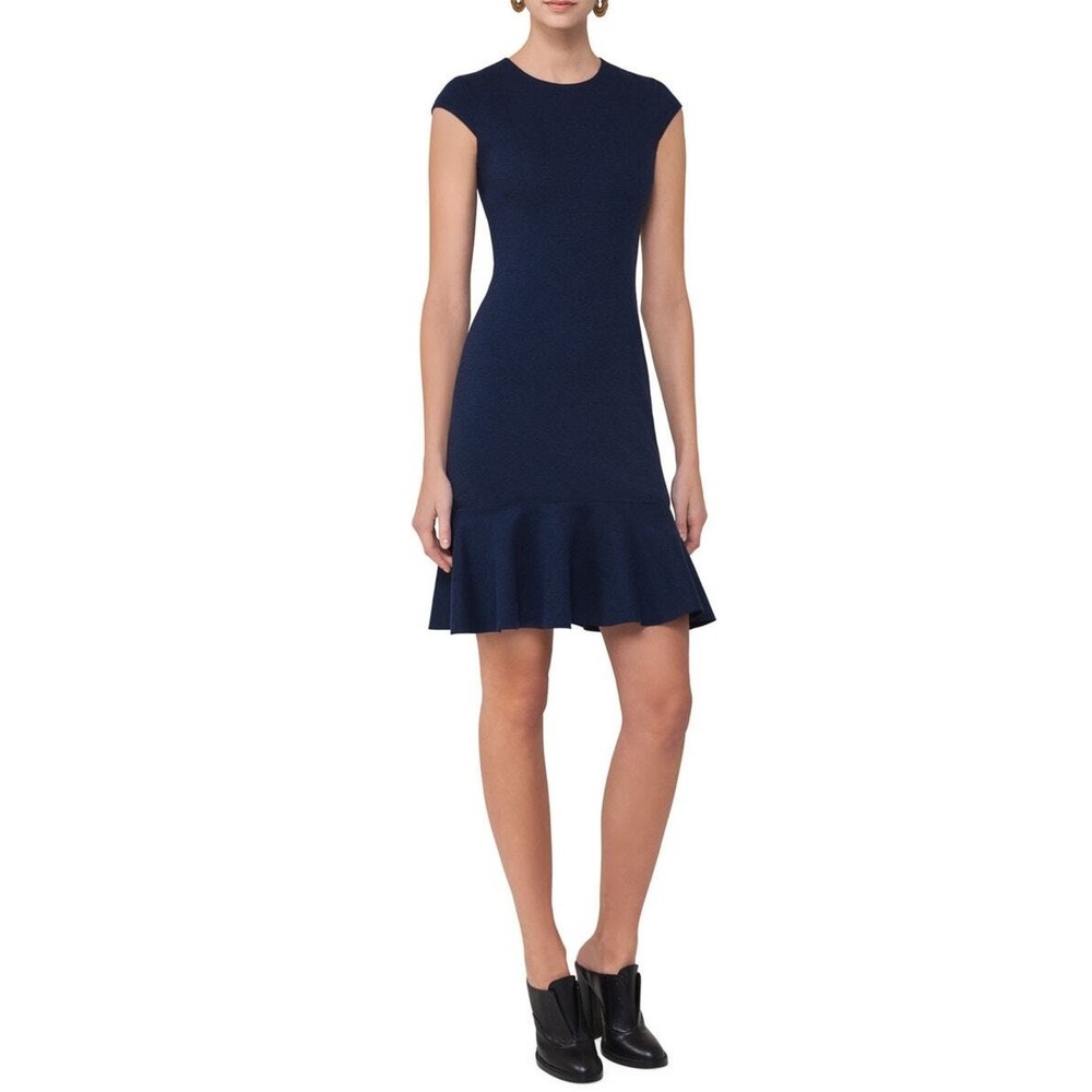 Akris Punto Cap-Sleeve Jersey Flounce Hem Dress | Navy Blue | SZ 14